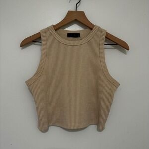 Saints 21 | Women's Beige Wavy Textured Ribbed Knit Crew Neck Crop Tank Top, XL